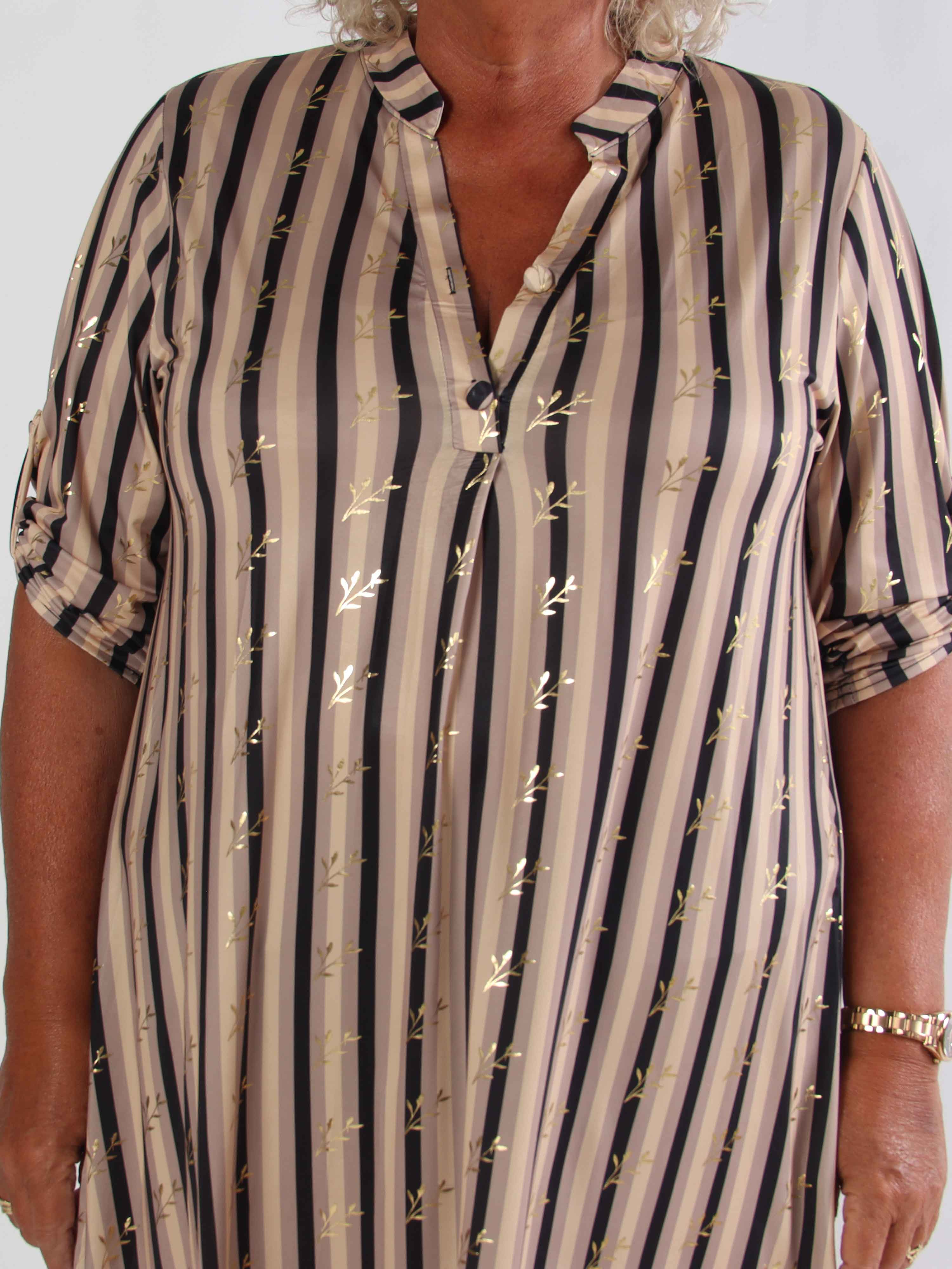 Ebba Stripe Long - Elastisk plus size stribet kjole med guld blade